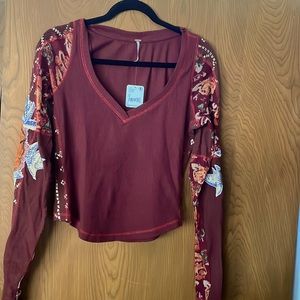 Free People,  Maroon Embroidered Top, Small